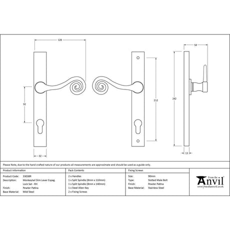 This is an image showing From The Anvil - Pewter Monkeytail Slimline Lever Espag. Lock Set - RH available from trade door handles, quick delivery and discounted prices