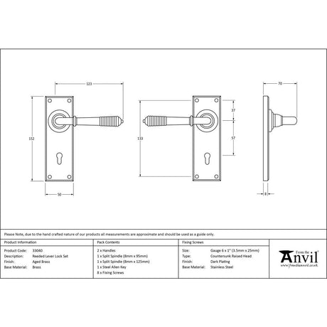 This is an image showing From The Anvil - Aged Brass Reeded Lever Lock Set available from trade door handles, quick delivery and discounted prices