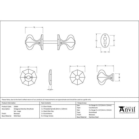 This is an image showing From The Anvil - Beeswax Large Octagonal Mortice/Rim Knob Set available from trade door handles, quick delivery and discounted prices