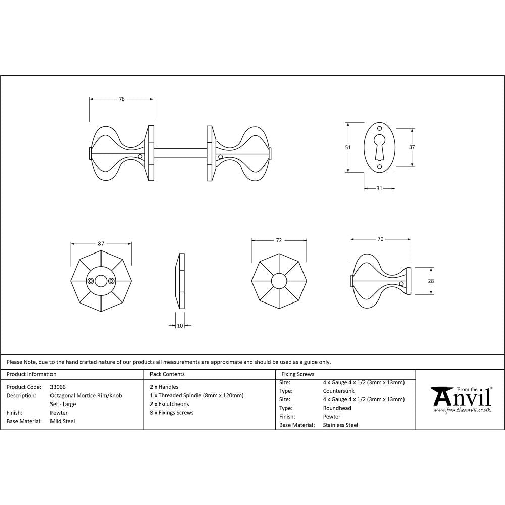 This is an image showing From The Anvil - Pewter Large Octagonal Mortice/Rim Knob Set available from trade door handles, quick delivery and discounted prices