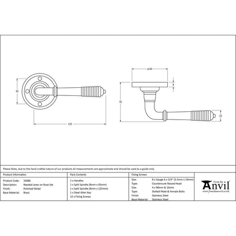 This is an image showing From The Anvil - Polished Nickel Reeded Lever on Rose Set available from trade door handles, quick delivery and discounted prices