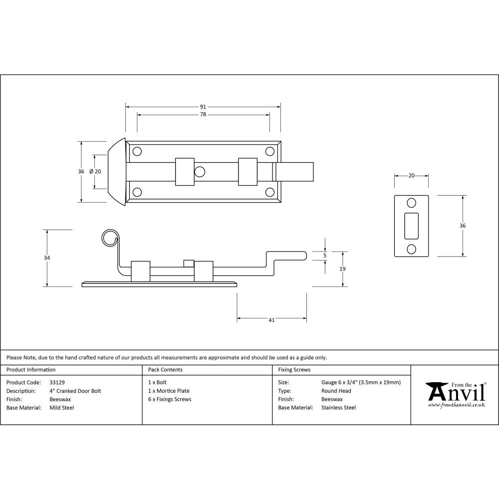 This is an image showing From The Anvil - Beeswax 4" Cranked Door Bolt available from trade door handles, quick delivery and discounted prices