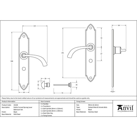 This is an image showing From The Anvil - Black Gothic Curved Sprung Lever Bathroom Set available from trade door handles, quick delivery and discounted prices