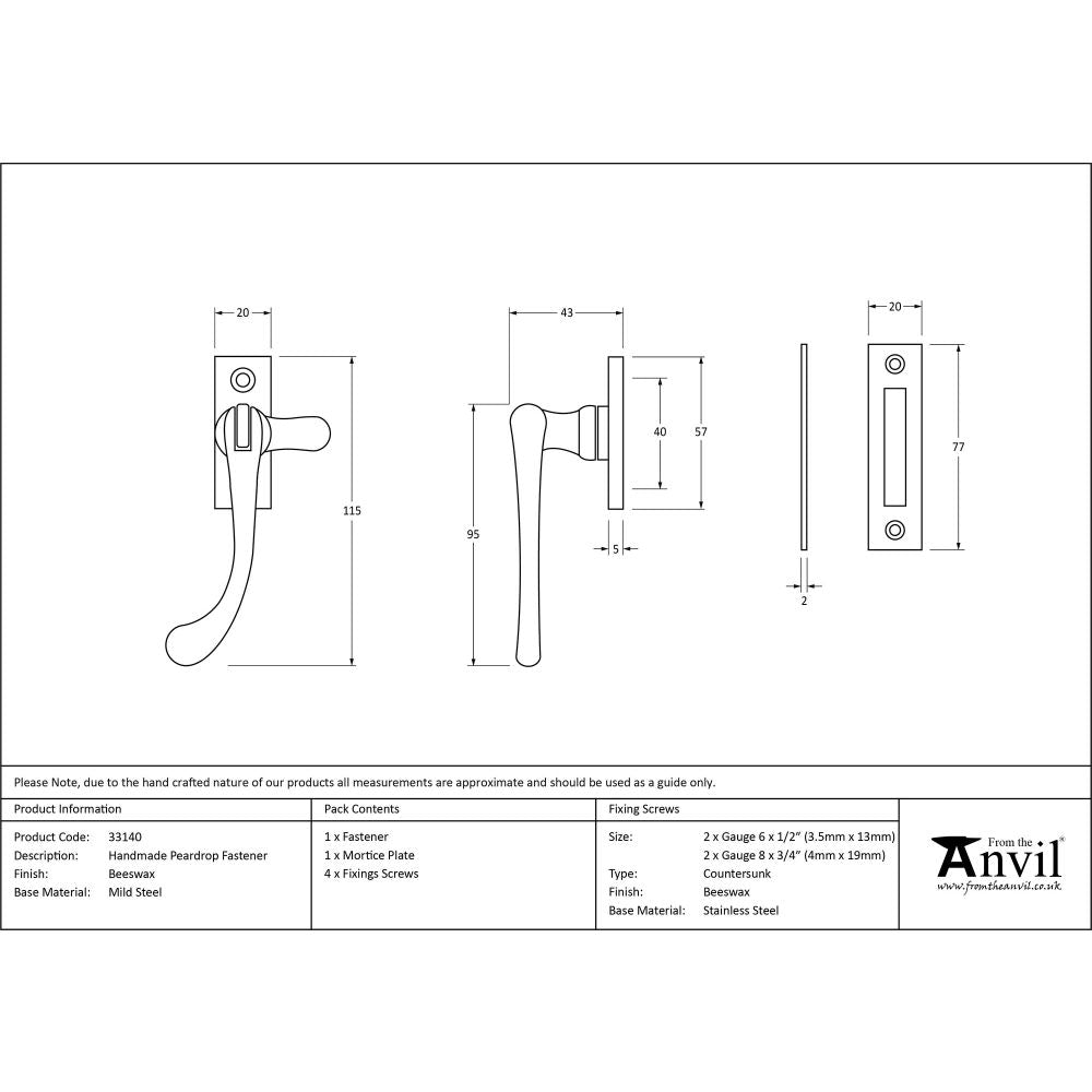 This is an image showing From The Anvil - Beeswax Handmade Peardrop Fastener available from T.H Wiggans Architectural Ironmongery in Kendal, quick delivery and discounted prices