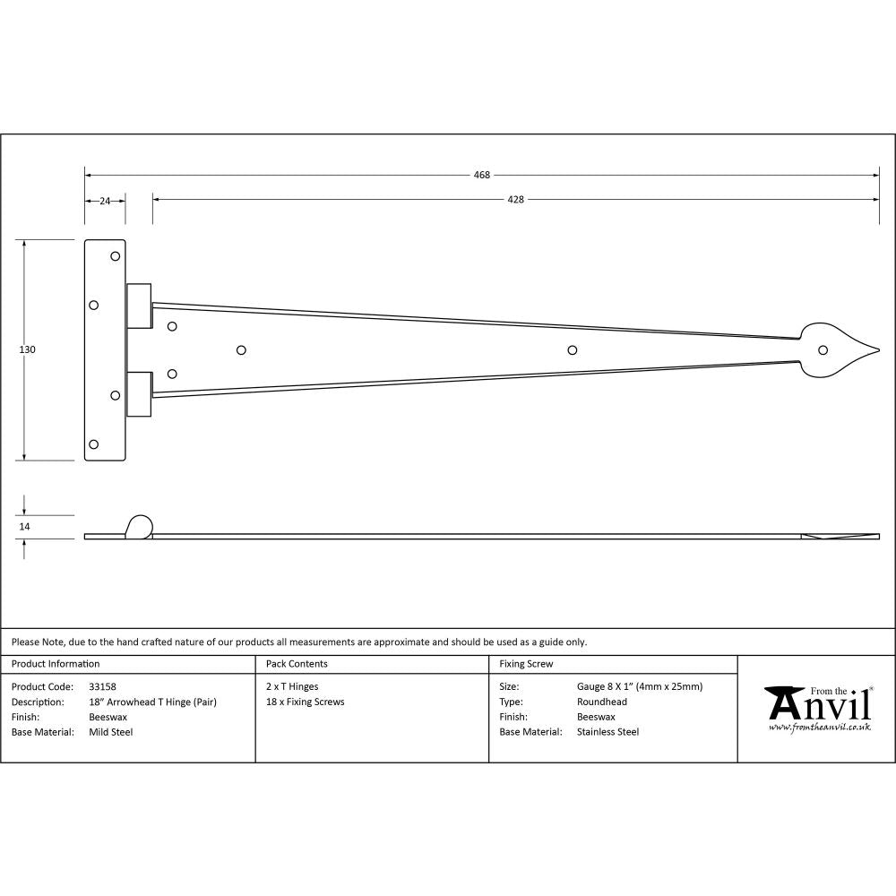 This is an image showing From The Anvil - Beeswax 18" Arrow Head T Hinge (pair) available from T.H Wiggans Architectural Ironmongery, quick delivery and discounted prices