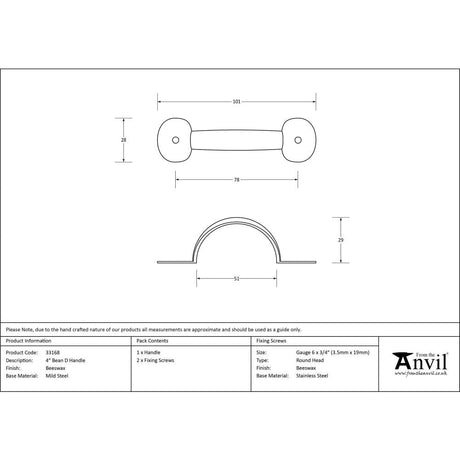 This is an image showing From The Anvil - Beeswax 4" Bean D Handle available from trade door handles, quick delivery and discounted prices