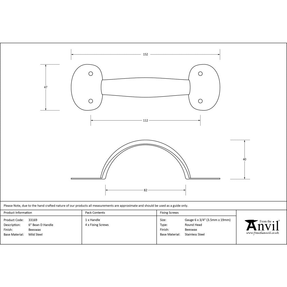 This is an image showing From The Anvil - Beeswax 6" Bean D Handle available from trade door handles, quick delivery and discounted prices