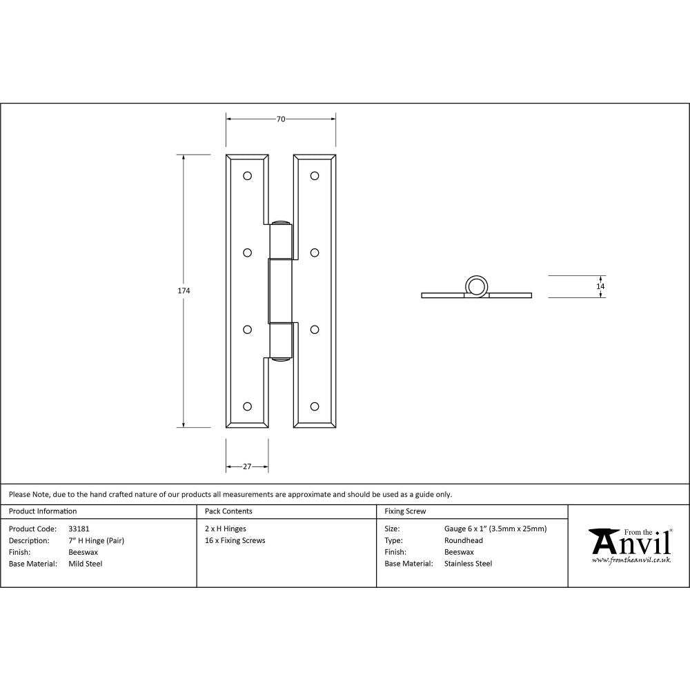 This is an image showing From The Anvil - Beeswax 7" H Hinge (pair) available from T.H Wiggans Architectural Ironmongery, quick delivery and discounted prices