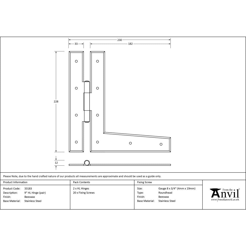 This is an image showing From The Anvil - Beeswax 9" HL Hinge (pair) available from T.H Wiggans Architectural Ironmongery, quick delivery and discounted prices