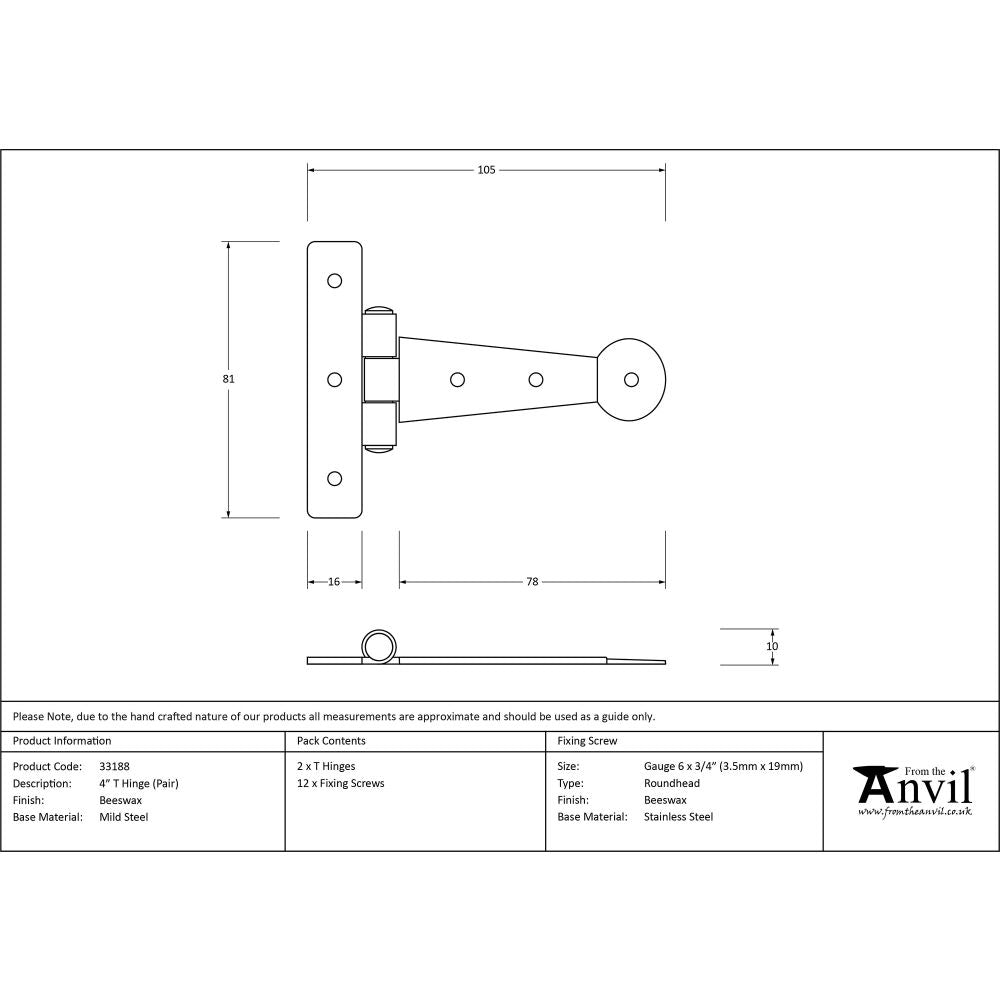 This is an image showing From The Anvil - Beeswax 4" Penny End T Hinge (pair) available from T.H Wiggans Architectural Ironmongery, quick delivery and discounted prices