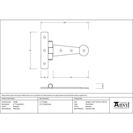 This is an image showing From The Anvil - Beeswax 4" Penny End T Hinge (pair) available from T.H Wiggans Architectural Ironmongery, quick delivery and discounted prices