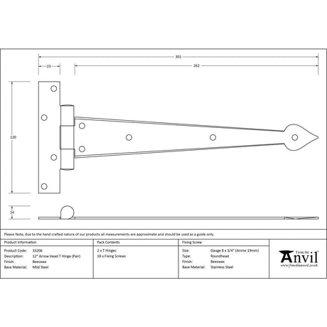 This is an image showing From The Anvil - Beeswax 12" Arrow Head T Hinge (pair) available from T.H Wiggans Architectural Ironmongery, quick delivery and discounted prices