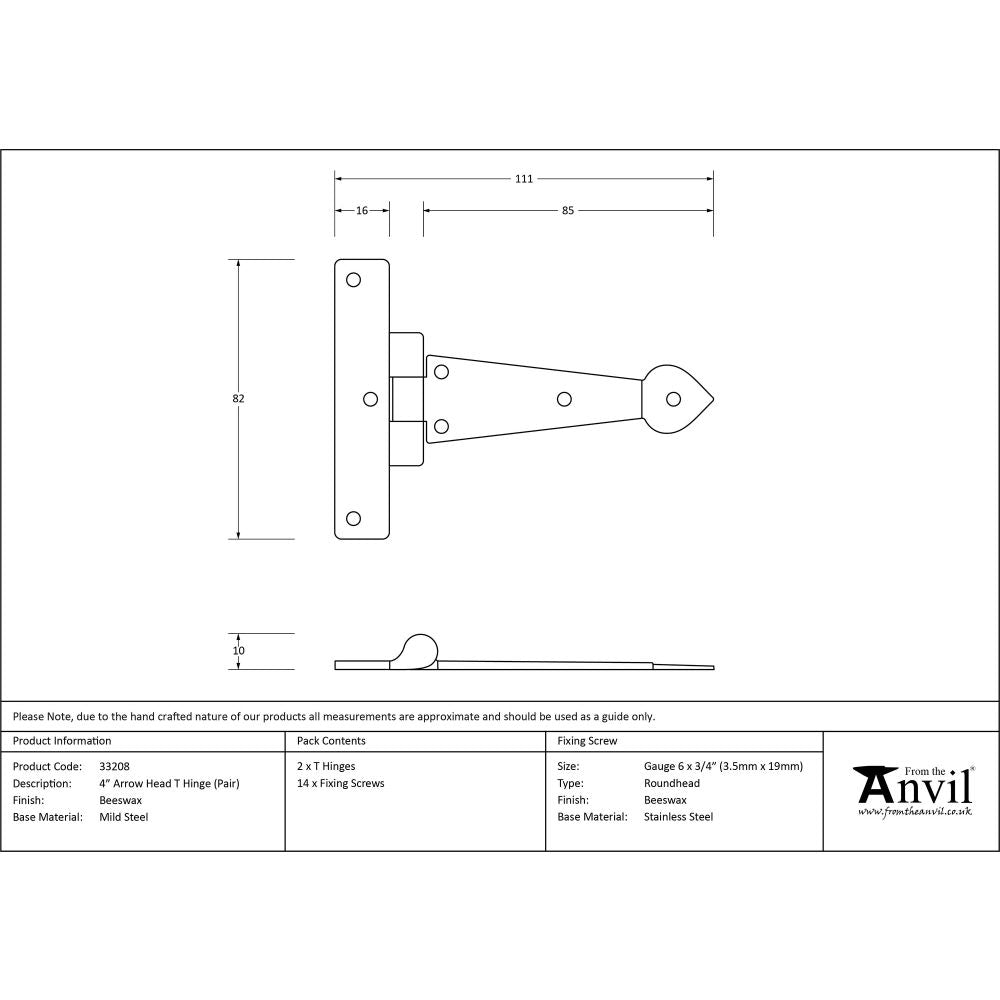 This is an image showing From The Anvil - Beeswax 4" Arrow Head T Hinge (pair) available from T.H Wiggans Architectural Ironmongery, quick delivery and discounted prices