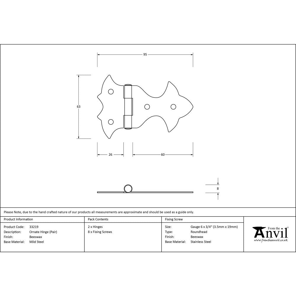 This is an image showing From The Anvil - Beeswax Ornate Hinge (pair) available from T.H Wiggans Architectural Ironmongery, quick delivery and discounted prices