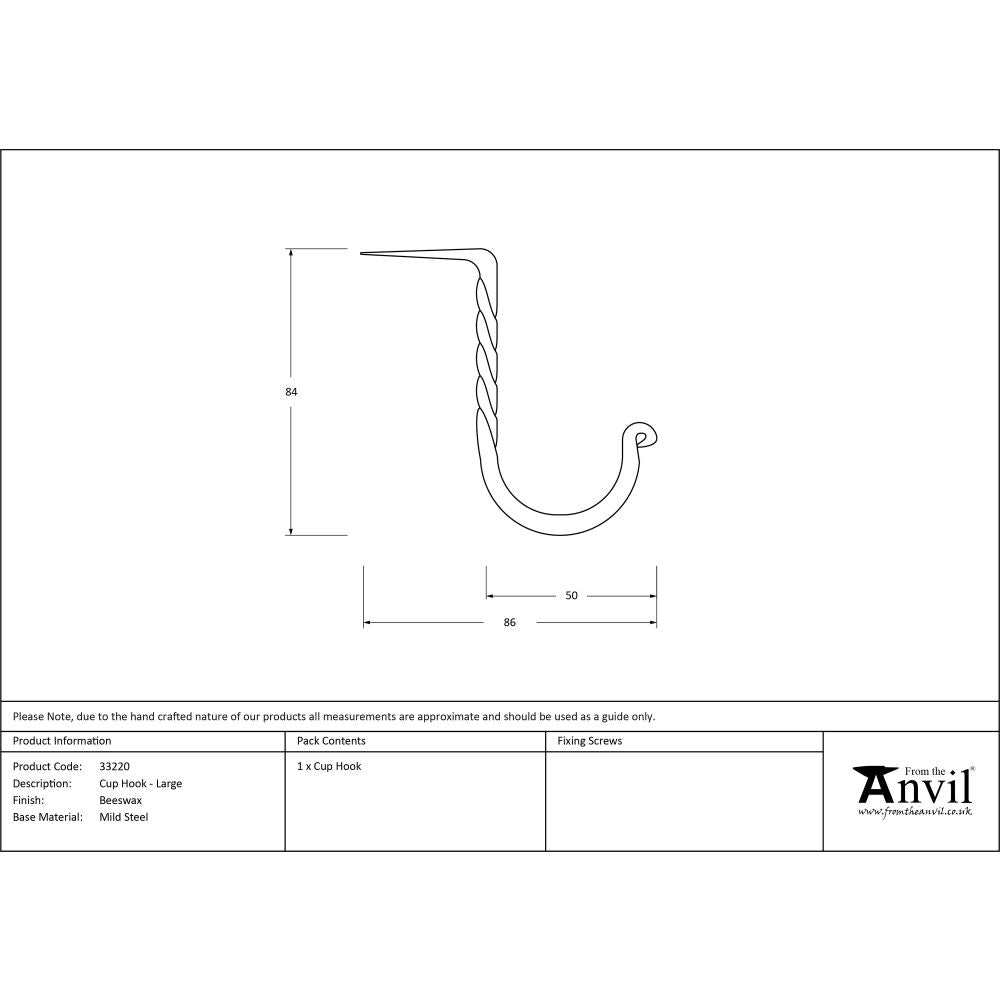 This is an image showing From The Anvil - Beeswax Cup Hook - Large available from trade door handles, quick delivery and discounted prices