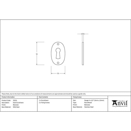 This is an image showing From The Anvil - Beeswax Oval Escutcheon available from trade door handles, quick delivery and discounted prices