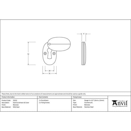 This is an image showing From The Anvil - Beeswax Oval Escutcheon & Cover available from trade door handles, quick delivery and discounted prices