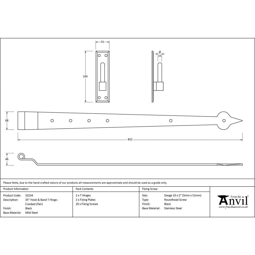 This is an image showing From The Anvil - Black 35" Hook & Band Hinge - Cranked (pair) available from T.H Wiggans Architectural Ironmongery, quick delivery and discounted prices