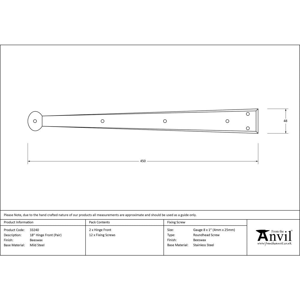 This is an image showing From The Anvil - Beeswax 18" Penny End Hinge Front (pair) available from T.H Wiggans Architectural Ironmongery, quick delivery and discounted prices