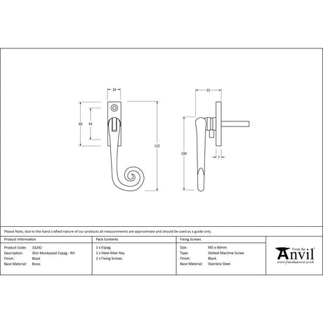 This is an image showing From The Anvil - Black Slim Monkeytail Espag - RH available from T.H Wiggans Architectural Ironmongery in Kendal, quick delivery and discounted prices