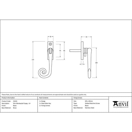 This is an image showing From The Anvil - Black Slim Monkeytail Espag - LH available from T.H Wiggans Architectural Ironmongery in Kendal, quick delivery and discounted prices