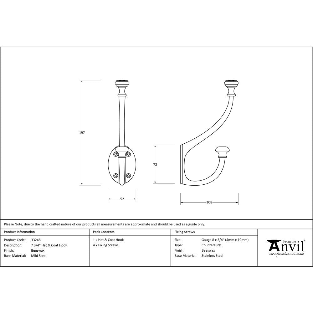 This is an image showing From The Anvil - Beeswax 7 3/4" Hat & Coat Hook available from trade door handles, quick delivery and discounted prices