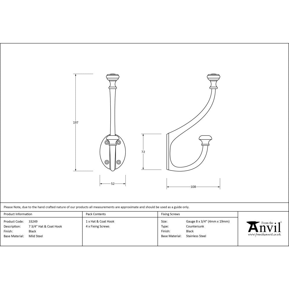 This is an image showing From The Anvil - Black 7 3/4" Hat & Coat Hook available from trade door handles, quick delivery and discounted prices