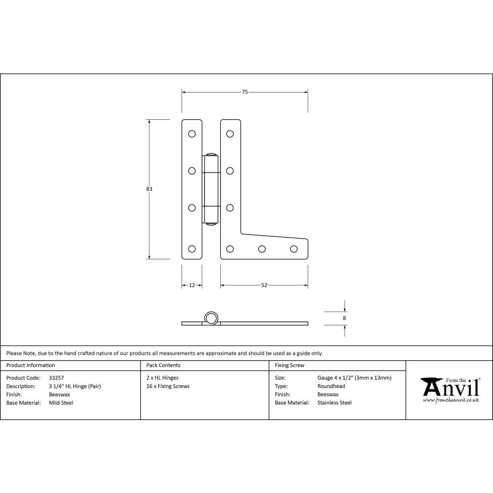 This is an image showing From The Anvil - Beeswax 3 1/4" HL Hinge (pair) available from T.H Wiggans Architectural Ironmongery, quick delivery and discounted prices