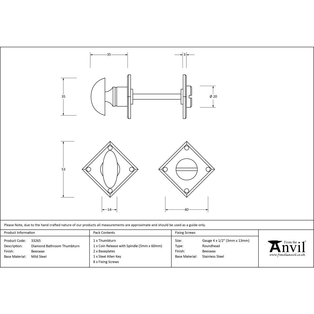 This is an image showing From The Anvil - Beeswax Diamond Bathroom Thumbturn available from trade door handles, quick delivery and discounted prices