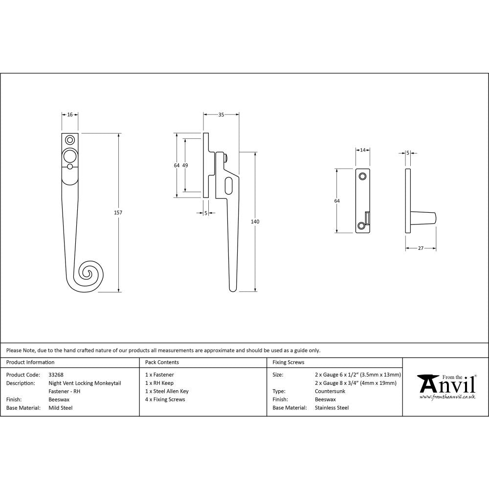 This is an image showing From The Anvil - Beeswax RH Locking Night-vent Monkeytail Fastener available from T.H Wiggans Architectural Ironmongery in Kendal, quick delivery and discounted prices