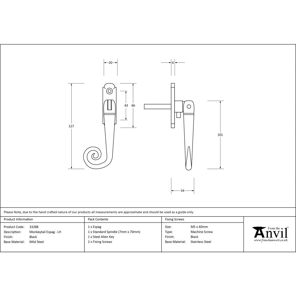 This is an image showing From The Anvil - Black Monkeytail Espag - LH available from T.H Wiggans Architectural Ironmongery in Kendal, quick delivery and discounted prices