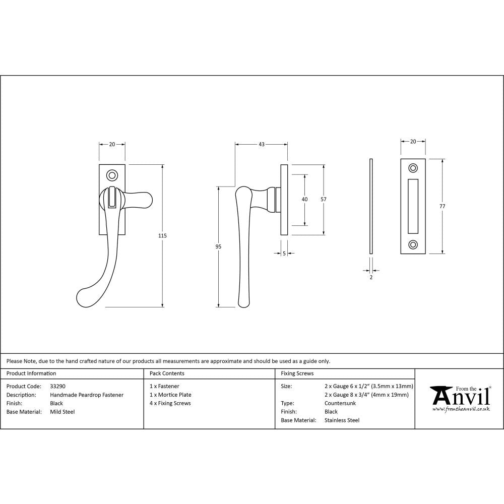 This is an image showing From The Anvil - Black Handmade Peardrop Fastener available from T.H Wiggans Architectural Ironmongery in Kendal, quick delivery and discounted prices