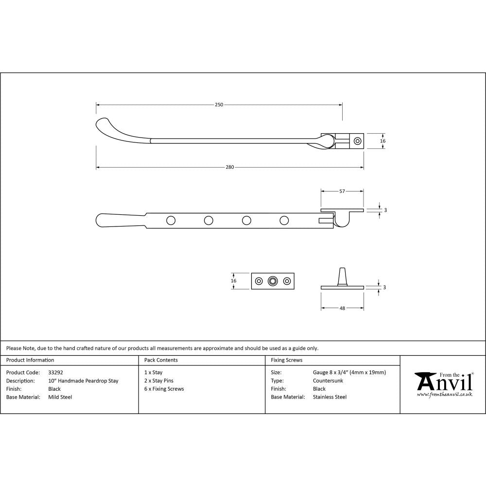 This is an image showing From The Anvil - Black 10" Handmade Peardrop Stay available from T.H Wiggans Architectural Ironmongery in Kendal, quick delivery and discounted prices