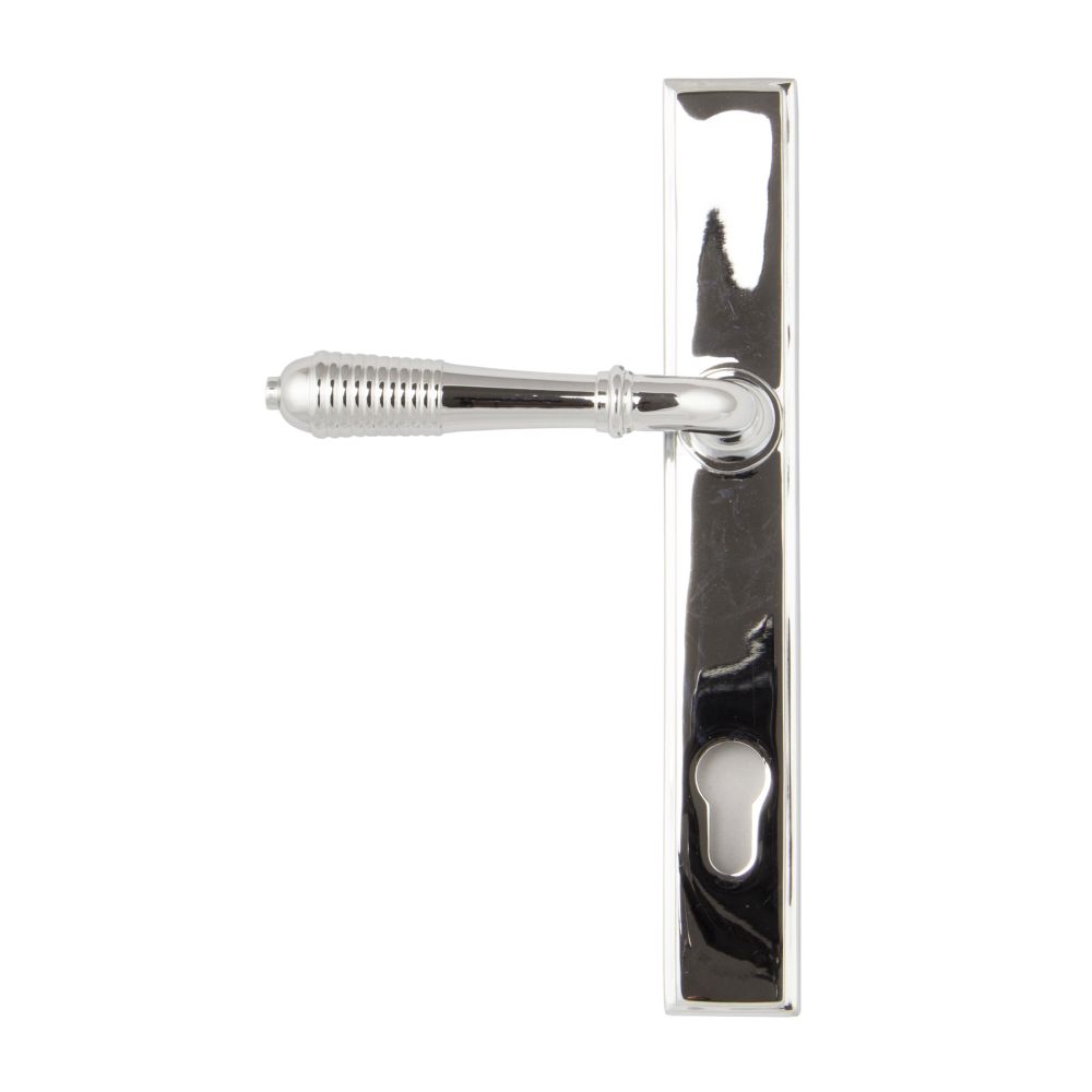 This is an image showing From The Anvil - Polished Chrome Reeded Slimline Lever Espag. Lock Set available from trade door handles, quick delivery and discounted prices