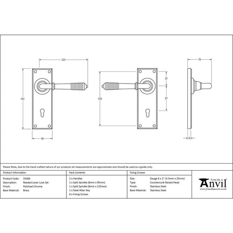 This is an image showing From The Anvil - Polished Chrome Reeded Lever Lock Set available from trade door handles, quick delivery and discounted prices