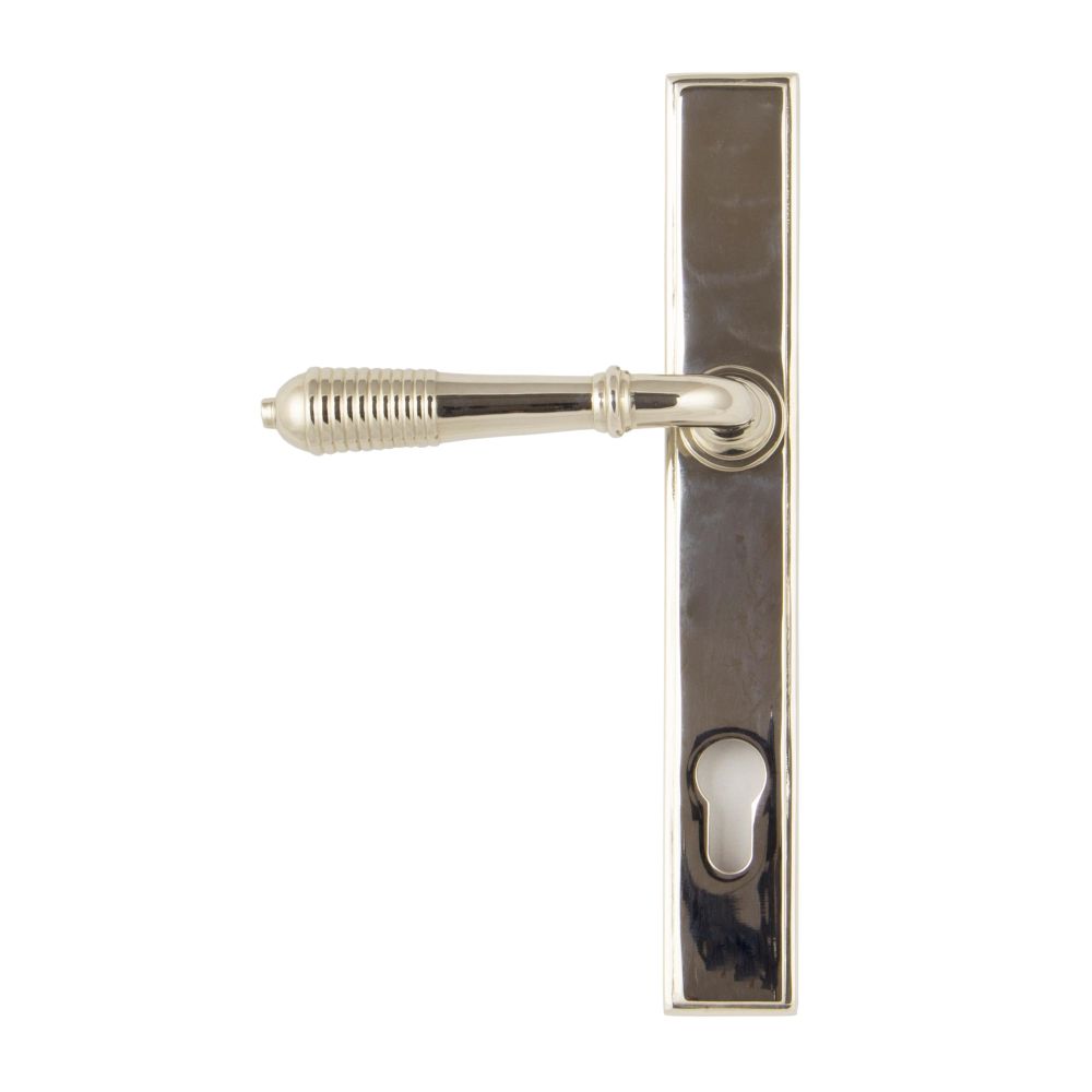 This is an image showing From The Anvil - Polished Nickel Reeded Slimline Lever Espag. Lock Set available from trade door handles, quick delivery and discounted prices