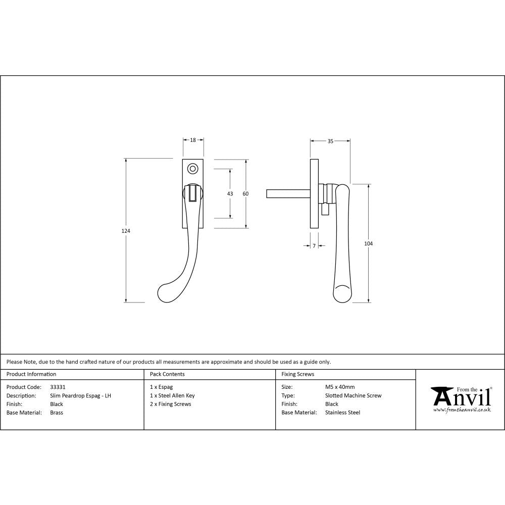This is an image showing From The Anvil - Black Slim Peardrop Espag - LH available from T.H Wiggans Architectural Ironmongery in Kendal, quick delivery and discounted prices