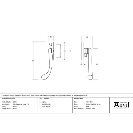 This is an image showing From The Anvil - Black Slim Peardrop Espag - LH available from T.H Wiggans Architectural Ironmongery in Kendal, quick delivery and discounted prices
