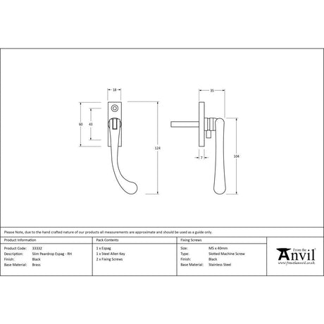 This is an image showing From The Anvil - Black Slim Peardrop Espag - RH available from T.H Wiggans Architectural Ironmongery in Kendal, quick delivery and discounted prices