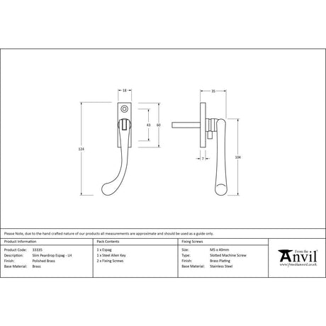 This is an image showing From The Anvil - Polished Brass Slim Peardrop Espag - LH available from T.H Wiggans Architectural Ironmongery in Kendal, quick delivery and discounted prices