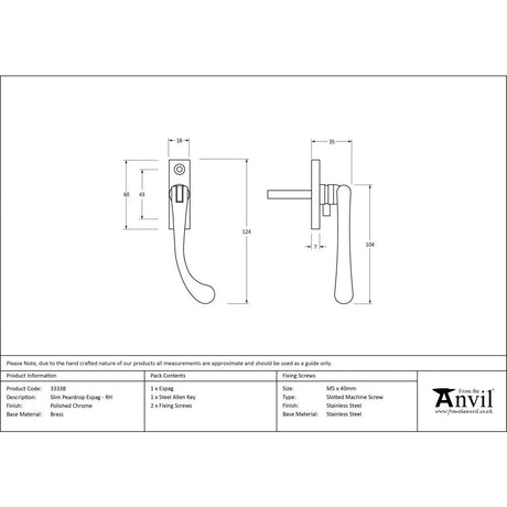This is an image showing From The Anvil - Polished Chrome Slim Peardrop Espag - RH available from T.H Wiggans Architectural Ironmongery in Kendal, quick delivery and discounted prices