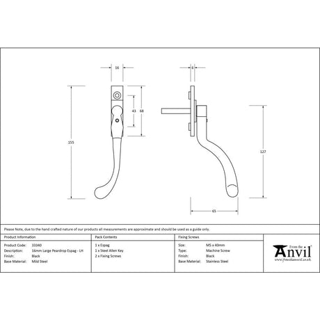 This is an image showing From The Anvil - Black Large 16mm Peardrop Espag - LH available from T.H Wiggans Architectural Ironmongery in Kendal, quick delivery and discounted prices