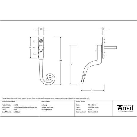 This is an image showing From The Anvil - Black Large 16mm Monkeytail Espag - RH available from T.H Wiggans Architectural Ironmongery in Kendal, quick delivery and discounted prices
