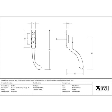 This is an image showing From The Anvil - Pewter Large 16mm Peardrop Espag - RH available from T.H Wiggans Architectural Ironmongery in Kendal, quick delivery and discounted prices