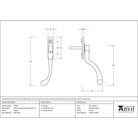 This is an image showing From The Anvil - Pewter Large 16mm Peardrop Espag - LH available from T.H Wiggans Architectural Ironmongery in Kendal, quick delivery and discounted prices