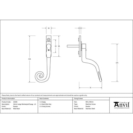 This is an image showing From The Anvil - Pewter Large 16mm Monkeytail Espag - LH available from T.H Wiggans Architectural Ironmongery in Kendal, quick delivery and discounted prices