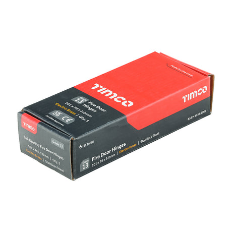 This is an image showing TIMCO Grade 13 Fire Door Hinges - Electro Brass Stainless Steel - 101 x 76 x 3 - 3 Pieces Box available from T.H Wiggans Ironmongery in Kendal, quick delivery at discounted prices.
