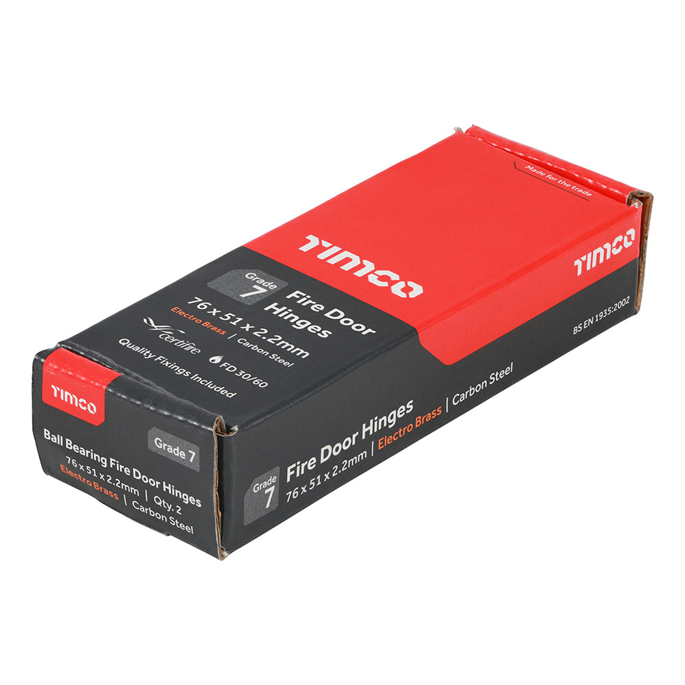This is an image showing TIMCO Grade 7 Fire Door Hinges - Electro Brass - 76 x 50 x 2.0 - 2 Pieces Box available from T.H Wiggans Ironmongery in Kendal, quick delivery at discounted prices.