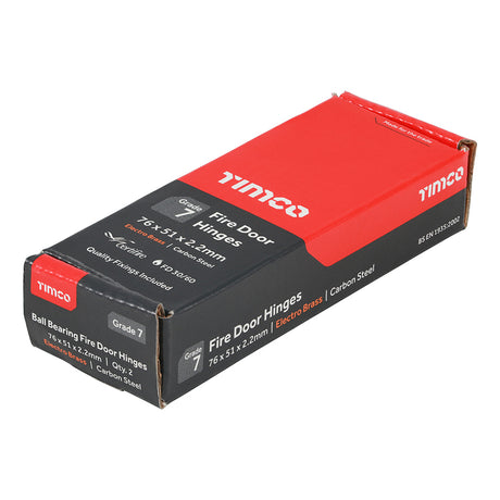 This is an image showing TIMCO Grade 7 Fire Door Hinges - Electro Brass - 76 x 50 x 2.0 - 2 Pieces Box available from T.H Wiggans Ironmongery in Kendal, quick delivery at discounted prices.