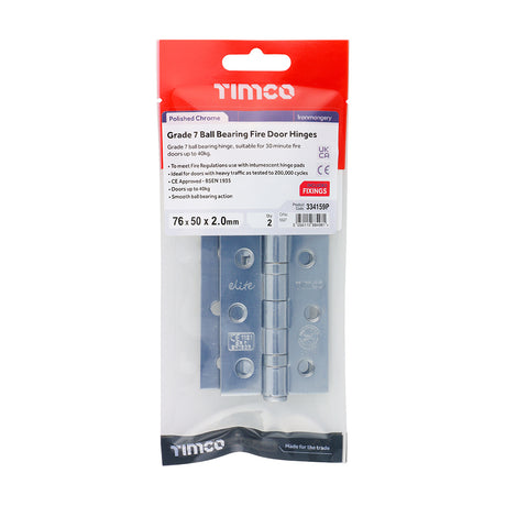 This is an image showing TIMCO Grade 7 Ball Bearing Fire Door Hinges - Polished Chrome - 76 x 50 x 2.0 - 2 Pieces TIMpac available from T.H Wiggans Ironmongery in Kendal, quick delivery at discounted prices.